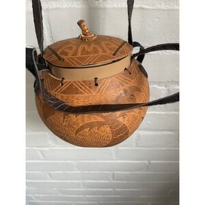 Jamaica Made  Unique Hand Carved         Gourd Purse With Lid and Strap